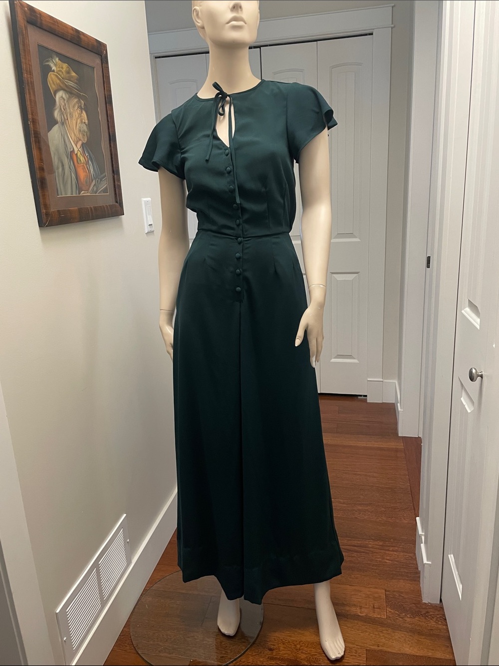 Unique Vintage Dark Green Button-Front Jumpsuit with Keyhole Tie